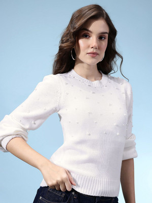 Glitchez Solid Round Neck Casual Women White Sweater