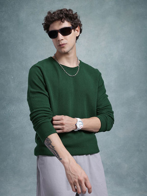 Roadster Solid Round Neck Casual Men Green Sweater