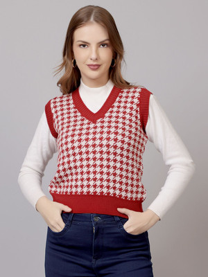 FEVERFEW Self Design V Neck Casual Women Red, White Sweater