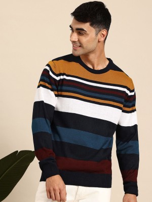 Mast & Harbour Striped Round Neck Casual Men Blue Sweater