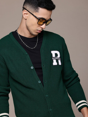 Roadster Solid V Neck Casual Men Green Sweater