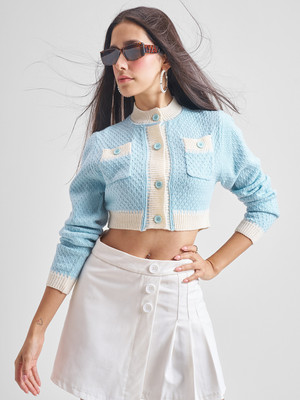 Tokyo Talkies Solid Round Neck Casual Women Blue Sweater