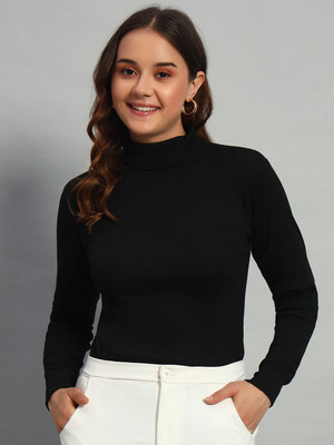 BLACK BLINK Self Design High Neck Casual Women Black Sweater