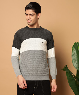 HELL BOUND Colorblock Round Neck Casual Men Black Sweater