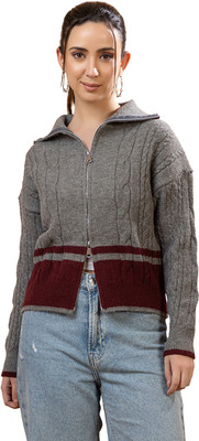 GFO Printed High Neck Casual Women Grey Sweater