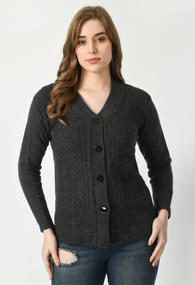 Life and style Self Design V Neck Casual Women Grey Sweater