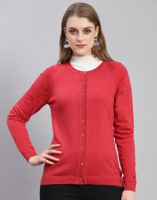 MONTE CARLO Solid Round Neck Casual Women Red Sweater