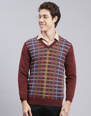 MONTE CARLO Striped V Neck Casual Men Maroon Sweater