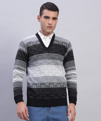 WILLEY Woven V Neck Casual Men Black Sweater