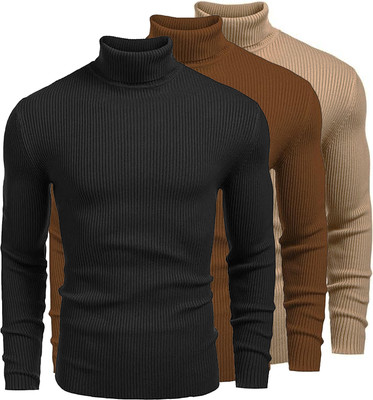 LIME Solid Turtle Neck Casual Men Black, Beige, Brown Sweater