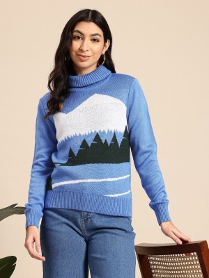 Mast & Harbour Self Design Turtle Neck Casual Women Blue Sweater