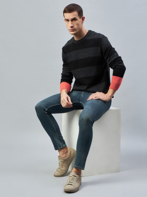 Club York Colorblock Round Neck Casual Men Black Sweater