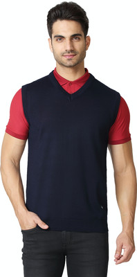 VAN HEUSEN Solid V Neck Casual Men Blue Sweater