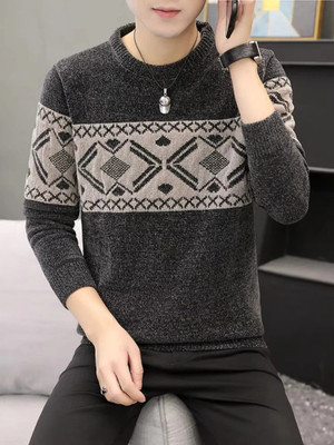 Uttam Printed High Neck Casual Men Grey Sweater