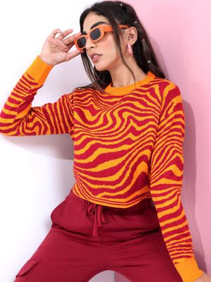 Tokyo Talkies Printed Crew Neck Casual Women Red, Yellow Sweater