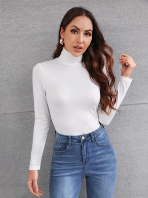 Farlucci Solid High Neck Casual Women White Sweater