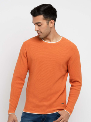 Status Quo Solid Round Neck Casual Men Orange Sweater