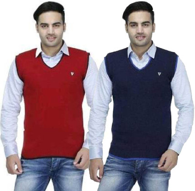 A N Enterprises Self Design V Neck Formal Men Red, Blue Sweater