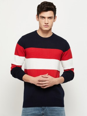 MAX Striped Round Neck Casual Men Blue, Red, White Sweater