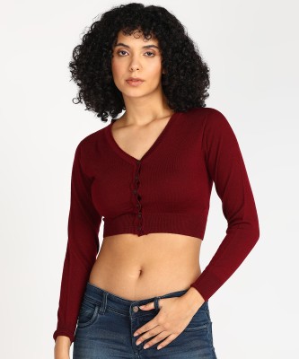 MONTE CARLO Solid V Neck Casual Women Maroon Sweater