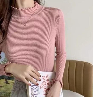 Clothy Solid High Neck Casual Women Pink Sweater
