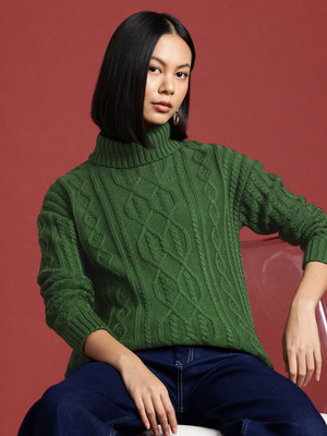 all about you Self Design Turtle Neck Casual Women Green Sweater
