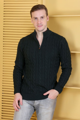 DZANT Self Design Turtle Neck Casual Men Green Sweater