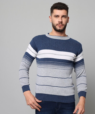 WILLEY Striped Crew Neck Casual Men Blue, Grey Sweater