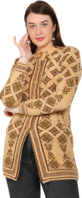 HITTIKA Printed Round Neck Casual Women Brown Sweater