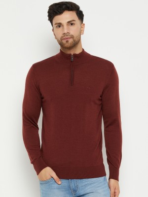 98 Degree North Solid High Neck Casual Men Maroon Sweater