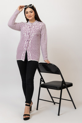 Aphrodite Floral Print Mandarin Neck Casual Women Purple Sweater