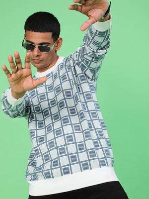 V-MART Self Design, Printed Round Neck Casual Men White Sweater