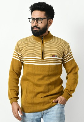 WoolCraft Striped Round Neck Casual Men Yellow Sweater