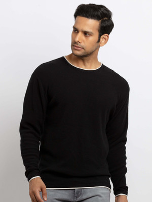 Status Quo Self Design Round Neck Casual Men Black Sweater
