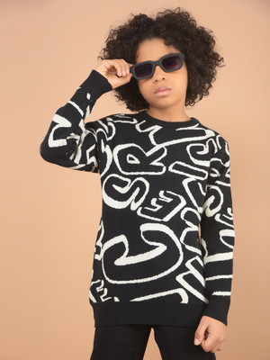 CRIMSOUNE CLUB Printed Round Neck Casual Boys Black, White Sweater