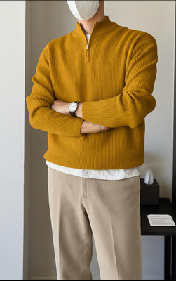 COLORCHAKRA Self Design High Neck Casual Men Yellow Sweater