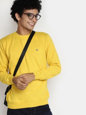 V-MART Self Design Round Neck Casual Men Yellow Sweater