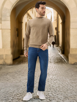Status Quo Self Design Round Neck Casual Men Beige Sweater