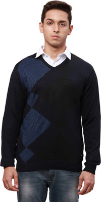 PARK AVENUE Argyle V Neck Casual Men Blue Sweater