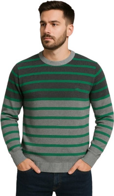 DAILYDUDE Striped Round Neck Casual Men Green Sweater