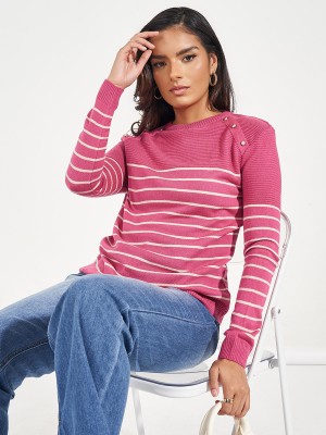 Styli Striped Round Neck Casual Women Pink Sweater