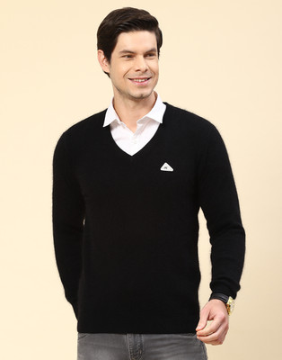 MONTE CARLO Solid V Neck Casual Men Black Sweater