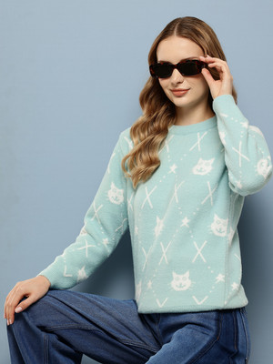 MUHURATAM Solid Round Neck Casual Women Light Blue Sweater