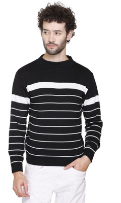 S.L. Madhok Striped Round Neck Casual Men Black, White Sweater