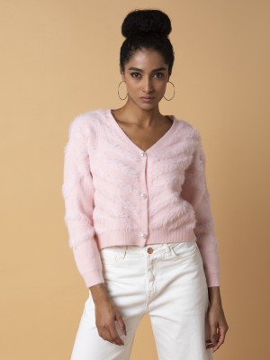 Showoff Solid V Neck Casual Women Pink Sweater