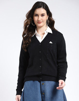 MONTE CARLO Self Design V Neck Casual Women Black Sweater