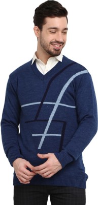 V-MART Striped V Neck Casual Men Blue Sweater