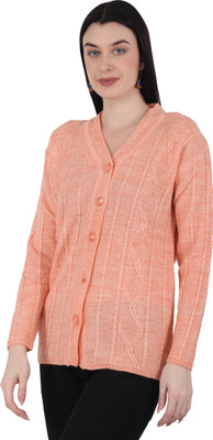 HITTIKA Self Design V Neck Casual Women Orange Sweater