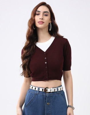 MONTE CARLO Solid V Neck Casual Women Maroon Sweater