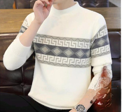 Keenuu Self Design, Printed Round Neck Casual Men White Sweater